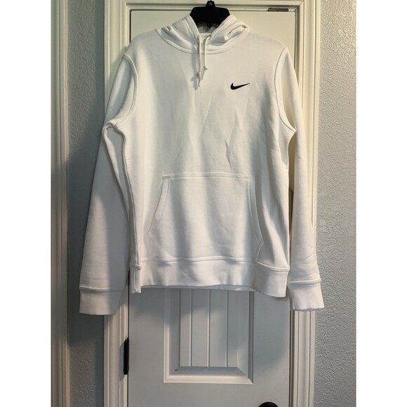 Nike Sweatshirt Mens Medium White Black Swoosh Fleece Pullover Drawstring Hoodie - Picture 1 of 7